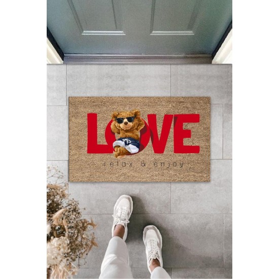 Dekoratif Dijital Love Ayıcık Bej Kapı Paspası Dış Mekan Paspas K-3178