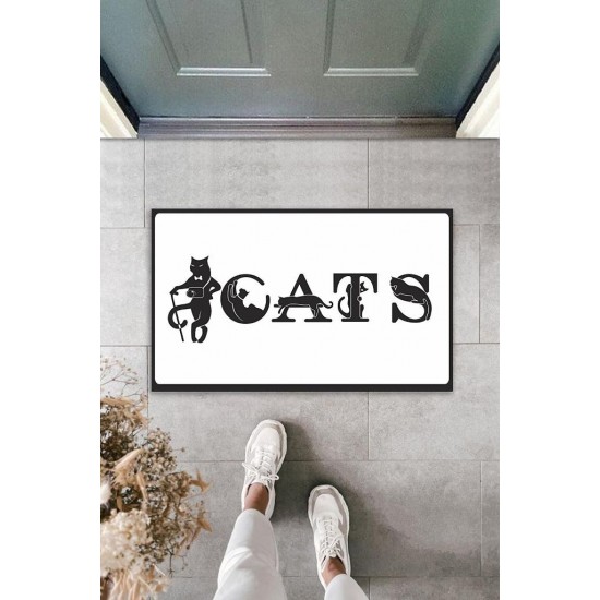 Dijital Baskı Beyaz Kedilerle Bezenmiş Cats Yazılı Dekoratif Kapı Paspası K-2028