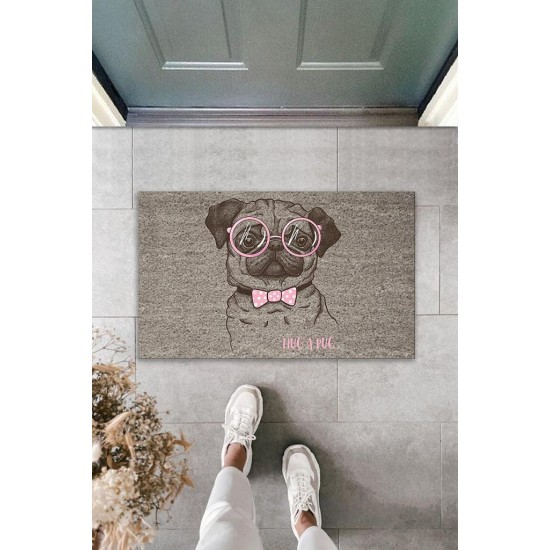 Dijital Baskı Gri Hug A Pug Yazılı Pembe Fiyonklu Gözlüklü Köpek Dekoratif Kapı Paspası K-2019