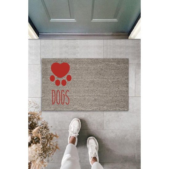 Dijital Baskı Gri Kırmızı Kalpli Dogs Dekoratif Kapı Paspası K-2073