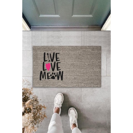 Dijital Baskı Gri Pembe Kalpli Kılçıklı Love Meow Dekoratif Kapı Paspası K-2047