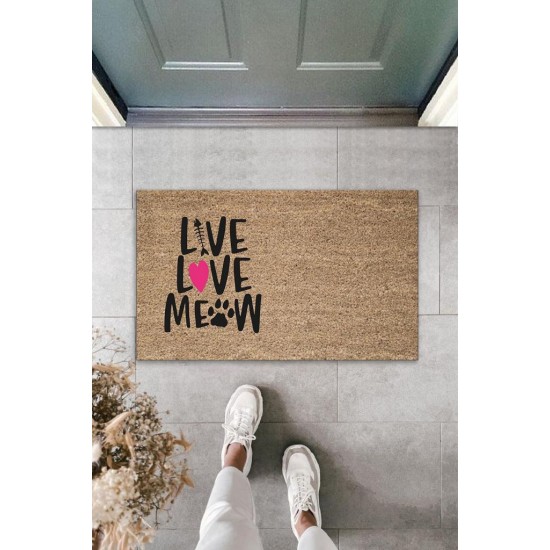 Dijital Baskı Kahverengi Pembe Kalpli Kılçıklı Love Meow Dekoratif Kapı Paspası K-2046
