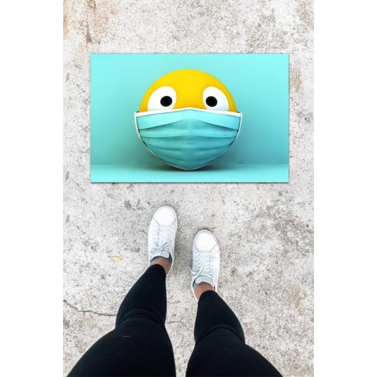 Dijital Baskı Mavi Maskeli Emoji Desen Kapı Önü Paspası
