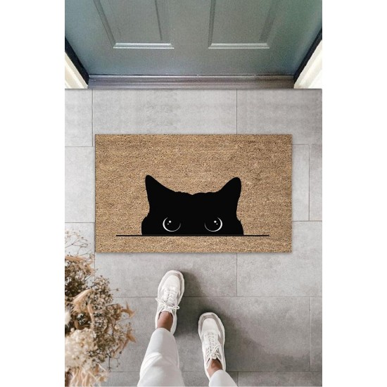 Dijital Kara Kedi Bej Kapı Paspası Dış Mekan Paspas K-3185