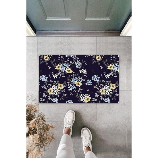 Lacivert Kapı Önü Paspası Minik Çiçekler Desen  K-3249